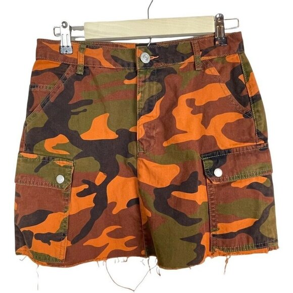 BDG‎ Skirt Womens Size S Orange Overdyed Camo Cargo Pocket A Line Mini Fray Hem - Picture 1 of 6